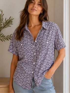 Barneys New York Cotton Women's Purple Floral Short Sleeve Button-Up Shirt